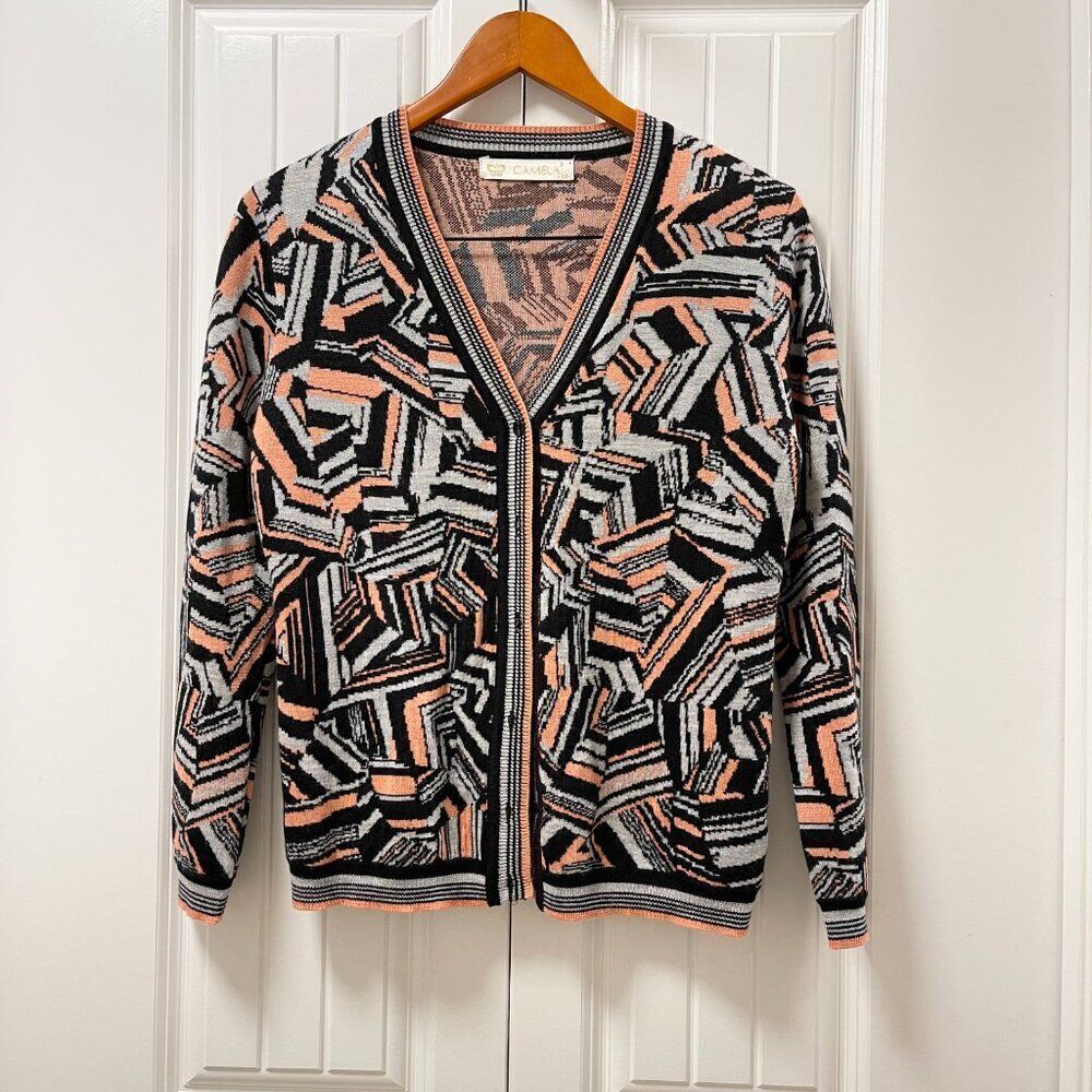 Vintage Camela Merino Wool V-Neck Cardigan Geometric Pink & Black